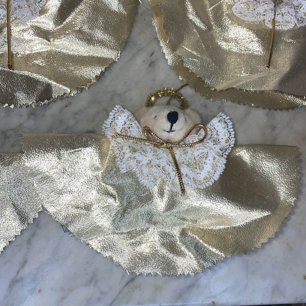 Set Of 5 Handmade Crafted Gold Angel Halo Plush Bears White Lace Collar Ornament
